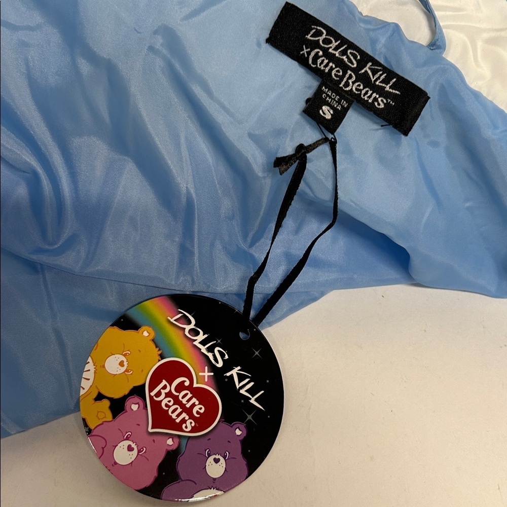 Dolls Kill Sky Blue Puffer Jacket Rainbow Clouds care Bears size small new tags - Picture 6 of 6